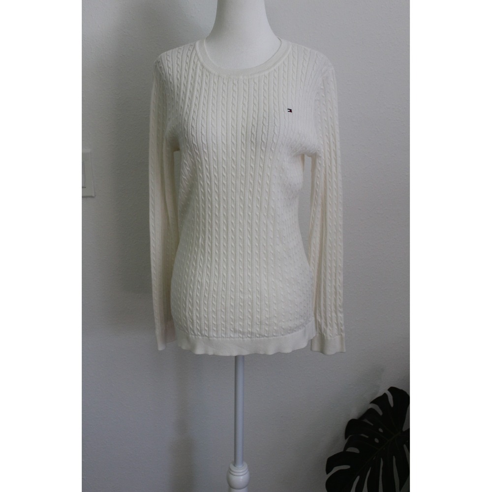 Tommy Hilfiger Women's White Cable Knit Cotton Crew Neck Sweater Size M Classic